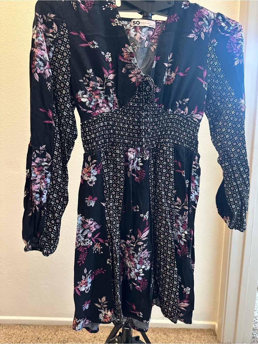 SO Floral Smocked Waist Black Floral Long Sleeve Dress